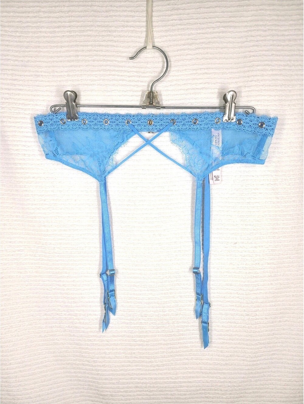 Victoria’s Secret Garter Belt M/L Sky Blue Rose Lace 4 Clip Low Rise Gold Metal